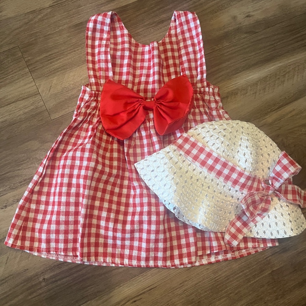 Red and White Gingham Dress with Hat